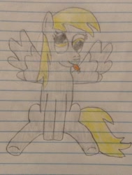 Size: 1017x1344 | Tagged: safe, artist:myoozik, derpibooru exclusive, imported from derpibooru, derpy hooves, pegasus, pony, april fools 2021, cute, derp, derpabetes, eyelashes, female, gray coat, grooming, hooves, licking, lined paper, mane, mare, photo, preening, sitting, spread wings, tail, tongue out, traditional art, wings, yellow hair