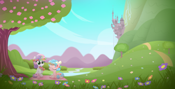 Size: 4500x2284 | Tagged: safe, artist:vito, imported from ponybooru, cozy glow, sweetie belle, a better ending for cozy, canterlot, flower, spring, tree