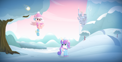 Size: 4500x2284 | Tagged: safe, artist:vito, imported from ponybooru, cozy glow, princess flurry heart, a better ending for cozy, canterlot, snow, snow ball, tree, winter