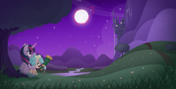 Size: 4500x2284 | Tagged: safe, artist:vito, imported from ponybooru, cozy glow, a better ending for cozy, canterlot, flower, magic, moon, night, telescope, tree