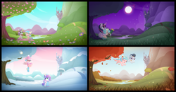 Size: 9249x4816 | Tagged: safe, artist:vito, imported from ponybooru, cozy glow, princess flurry heart, rumble, sweetie belle, twilight sparkle, a better ending for cozy, autumn, canterlot, cover art, flower, four seasons, leaves, night, snow, spring, summer, tree, winter