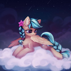 Size: 1280x1280 | Tagged: safe, artist:inowiseei, imported from derpibooru, oc, oc only, oc:jeppesen, pegasus, pony, braid, braided tail, cloud, grooming, preening, solo, twin braids