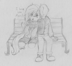 Size: 2746x2512 | Tagged: safe, artist:wapamario63, imported from ponybooru, fluttershy, oc, oc:anon, human, pegasus, pony, bench, clothes, dialogue, female, i love you, leg warmers, male, mare, monochrome, scarf, sitting