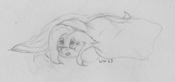 Size: 2829x1328 | Tagged: safe, artist:wapamario63, imported from ponybooru, fluttershy, pegasus, pony, blanket, cute, female, mare, monochrome, shyabetes, sketch, solo, tired, traditional art, under blanket