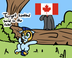 Size: 806x648 | Tagged: safe, artist:neuro, edit, imported from ponybooru, oc, oc only, oc:anon, human, pony, armor, belly button, canada, canadian flag, chin scratch, dialogue, female, green eyes, guardsmare, helmet, hiding, hoof shoes, log, mare, open mouth, radio, royal guard, tree