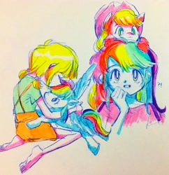 Size: 1982x2048 | Tagged: safe, artist:0828m, imported from derpibooru, applejack, rainbow dash, earth pony, human, pegasus, pony, equestria girls, equestria girls series, alternate hairstyle, appledash, applejack riding rainbow dash, color porn, eyes closed, female, human ponidox, humanized, interspecies, kissing, lesbian, neon, pigtails, pony hat, riding, self ponidox, shipping, smiling, traditional art, wings