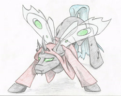 Size: 2748x2182 | Tagged: safe, artist:cindertale, imported from derpibooru, oc, oc only, changeling, changeling oc, clothes, high res, hoodie, horn, traditional art, wings