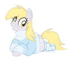 Size: 978x828 | Tagged: safe, artist:mlpneondromeda, artist:neondromeda, imported from derpibooru, derpy hooves, pony, blushing, clothes, cute, derpabetes, female, lying down, mare, prone, simple background, smiling, socks, solo, striped socks, sweater, turtleneck, white background