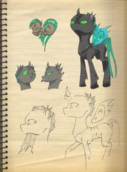 Size: 2102x2852 | Tagged: safe, artist:cindertale, imported from derpibooru, oc, oc only, changeling, bust, changeling oc, eyes closed, floating wings, heart pony, high res, horn, looking up, reference sheet, sleeping, story included, traditional art, wings