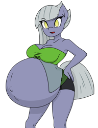 Size: 2300x3000 | Tagged: safe, artist:funble, artist:thenypod4, color edit, edit, imported from derpibooru, limestone pie, anthro, earth pony, belly, big belly, clothes, colored, female, high res, huge belly, hyper, hyper belly, hyper pregnancy, impossibly large belly, pregnant, shorts, simple background, solo, transparent background