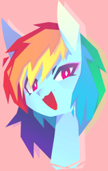 Size: 389x617 | Tagged: safe, artist:aesterlite, imported from derpibooru, rainbow dash, semi-anthro, ambiguous facial structure, bust, female, looking at you, open mouth, portrait, red background, simple background, solo