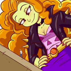 Size: 3000x3000 | Tagged: safe, artist:titantigress, imported from derpibooru, imported from ponybooru, adagio dazzle, oc, oc:vanilla beam, human, equestria girls, breasts, cleavage, clothes, duo, female, giantess, hand on hip, hands on hip, high res, jacket, lidded eyes, macro, male, micro, nail polish, size difference, smiling, spikes