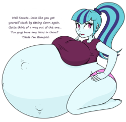 Size: 3100x3000 | Tagged: safe, artist:funble, artist:thenypod4, color edit, edit, imported from derpibooru, sonata dusk, equestria girls, belly, big belly, breasts, clothes, colored, feet, female, high res, huge belly, hyper, hyper belly, hyper pregnancy, impossibly large belly, kneeling, pregnant, pregnata dusk, shorts, simple background, solo, talking, transparent background