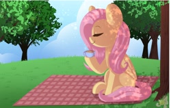 Size: 1474x932 | Tagged: safe, artist:sakukitty, imported from derpibooru, fluttershy, pegasus, pony, cup, cute, dappled sunlight, eyes closed, female, food, mare, picnic blanket, profile, shyabetes, sitting, solo, tea, teacup, tree, under the tree