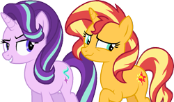 Size: 1247x731 | Tagged: safe, artist:sirrainium, imported from derpibooru, starlight glimmer, sunset shimmer, pony, unicorn, base used, duo, female, lesbian, lidded eyes, mare, raised eyebrow, raised hoof, shimmerglimmer, shipping, shy, simple background, smiling, transparent background, vector