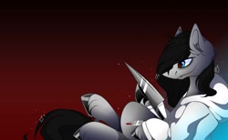 Size: 1754x1083 | Tagged: safe, artist:tessa_key_, imported from derpibooru, earth pony, pony, clothes, ear fluff, gradient background, hoodie, hoof polish, jeff the killer, knife, male, meme, ponified, smiling, solo, stallion