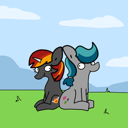 Size: 3000x3000 | Tagged: safe, artist:tjpones, imported from derpibooru, oc, oc only, earth pony, pony, unicorn, commission, duo, female, high res, male, mare, sitting, stallion