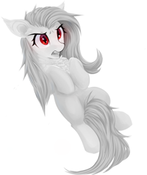 Size: 1260x1502 | Tagged: safe, artist:some_ponu, imported from derpibooru, fluttershy, bat pony, pony, bat ponified, fangs, female, flutterbat, frown, lying down, mare, monochrome, on back, partial color, race swap, simple background, solo, white background