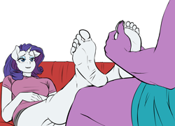 Size: 1200x867 | Tagged: safe, artist:pia-sama, imported from derpibooru, rarity, spike, anthro, dragon, plantigrade anthro, unicorn, barefoot, breasts, busty rarity, feet, female, fetish, foot fetish, foot massage, male, massage, shipping, soles, sparity, straight, toes