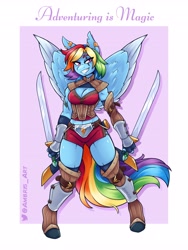 Size: 3072x4096 | Tagged: safe, artist:ambris, imported from derpibooru, rainbow dash, anthro, pegasus, unguligrade anthro, adventuring is magic, armor, belly button, breasts, busty rainbow dash, cleavage, ear piercing, earring, eye scar, fantasy class, female, jewelry, piercing, scar, solo, sword, underass, weapon, wings