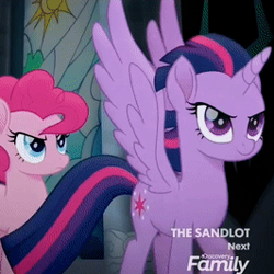 Size: 266x266 | Tagged: safe, imported from derpibooru, screencap, pinkie pie, twilight sparkle, alicorn, earth pony, pony, my little pony: the movie, awesome face, cropped, determined, discovery family logo, female, mare, the sandlot, twilight sparkle (alicorn)