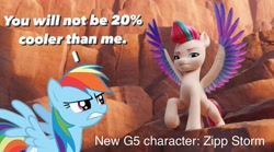 Size: 1080x601 | Tagged: safe, artist:luigigamer25, edit, edited screencap, imported from derpibooru, screencap, rainbow dash, zipp storm, pegasus, pony, spoiler:my little pony: a new generation, 20% cooler, 3d, angry, female, g4 purist, g5, hilarious in hindsight, luigigamer25 needs to stop, mare, my little pony: a new generation, op can't let go, op is a duck