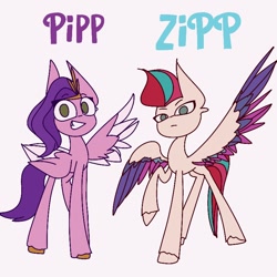 Size: 768x768 | Tagged: safe, artist:cloudy_ria, imported from derpibooru, pipp petals, zipp storm, pegasus, pony, colored wings, duo, female, g5, looking at you, mare, multicolored wings, pipp, raised hoof, siblings, sisters, smiling, spread wings, text, unshorn fetlocks, wings