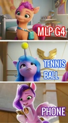 Size: 904x1632 | Tagged: safe, imported from derpibooru, izzy moonbow, pipp petals, sunny starscout, earth pony, pegasus, unicorn, ball, cellphone, fangirl, g5, in-universe pegasister, izzy's tennis ball, nerd, phone, pipp, smartphone, tennis ball, that pony sure does love g4, that pony sure does love phones, that pony sure does love tennis balls