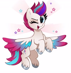 Size: 4035x4096 | Tagged: safe, artist:kittyrosie, imported from derpibooru, zipp storm, pegasus, pony, absurd resolution, adorazipp, blushing, cute, female, flying, g5, looking at you, mare, one eye closed, open mouth, shading, signature, simple background, smiling, smiling at you, solo, spread wings, stars, unshorn fetlocks, white background, wingding eyes, wings, wink, winking at you