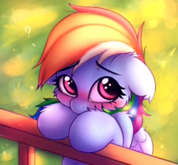 Size: 2048x1907 | Tagged: safe, artist:heavymetalbronyyeah, imported from derpibooru, rainbow dash, pegasus, pony, bipedal, bipedal leaning, blushing, cheek fluff, cute, dashabetes, ear fluff, floppy ears, hoof fluff, leaning, looking at you, looking up, question mark, sad, sadorable, shoulder fluff, solo, teary eyes, weapons-grade cute, wing fluff