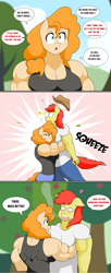 Size: 2147x5241 | Tagged: safe, artist:matchstickman, imported from derpibooru, imported from ponybooru, bright mac, pear butter, anthro, earth pony, abs, bear hug, biceps, breasts, brightbutter, busty pear butter, clothes, deltoids, dialogue, female, giving up the ghost, hug, husband and wife, male, matchstickman's pear buffer series, muscles, muscular female, open mouth, pear buffer, pecs, shipping, speech bubble, straight, this ended in pain