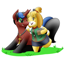 Size: 3200x3200 | Tagged: safe, artist:gear, imported from derpibooru, oc, pony, unicorn, animal crossing, ankh, clothes, commission, digital art, duo, female, glasses, high res, isabelle (animal crossing), jewelry, looking at each other, male, necklace, one eye closed, shih tzu, sitting, stallion, tail