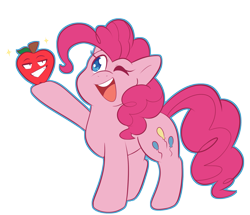 Size: 1743x1502 | Tagged: safe, artist:mukitsune, imported from derpibooru, pinkie pie, earth pony, pony, apple, cutie mark, digital art, female, food, mare, one eye closed, open mouth, simple background, solo, tail, transparent background