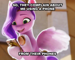 Size: 717x567 | Tagged: safe, edit, edited screencap, imported from derpibooru, screencap, pipp petals, pegasus, pony, spoiler:g5, spoiler:my little pony: a new generation, 3d, caption, cellphone, female, g5, irony, my little pony: a new adventure, my little pony: a new generation, phone, pipp, smartphone, solo, text