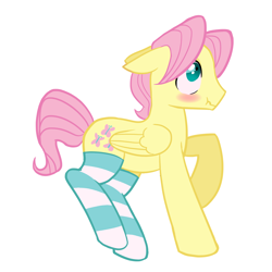 Size: 1570x1570 | Tagged: safe, artist:melonmilk, derpibooru exclusive, imported from derpibooru, fluttershy, pegasus, pony, blushing, butterscotch, clothes, kneesocks, longsocks, male, rule 63, rule63betes, show accurate, socks, solo, stallion, striped socks, thigh highs