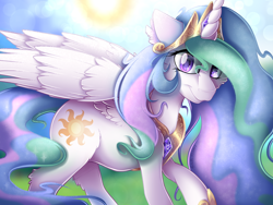 Size: 2224x1668 | Tagged: safe, artist:mychelle, imported from derpibooru, princess celestia, alicorn, pony, crown, cutie mark, ethereal mane, female, glare, hoof shoes, jewelry, looking at you, mare, peytral, regalia, solo, sun