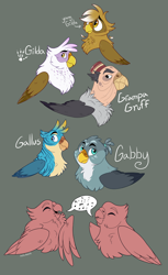 Size: 1500x2447 | Tagged: safe, artist:owlcoholik, imported from derpibooru, gabby, gallus, gilda, grampa gruff, griffon, headcanon in the description, male, redesign, younger