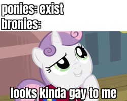 Size: 850x676 | Tagged: safe, edit, edited screencap, imported from derpibooru, screencap, sweetie belle, pony, one bad apple, female, solo, thinking, trolling