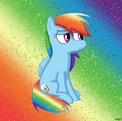 Size: 2411x2386 | Tagged: safe, artist:ponsky, artist:twilysparky, imported from derpibooru, rainbow dash, pegasus, pony, gradient background, gradient mane, gradient tail, sitting, solo