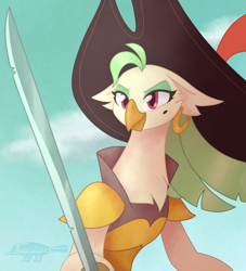 Size: 1000x1100 | Tagged: safe, artist:imaplatypus, imported from derpibooru, captain celaeno, anthro, bird, parrot, parrot pirates, my little pony: the movie, beauty mark, ear piercing, earring, female, hat, jewelry, piercing, pirate, pirate hat, solo, sword, weapon