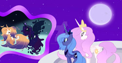 Size: 1024x529 | Tagged: safe, artist:velveagicsentryyt, imported from derpibooru, princess celestia, princess luna, oc, oc:king cosmos, oc:queen galaxia, alicorn, pony, alicorn oc, ascension realm, celestia and luna's father, celestia and luna's mother, female, horn, looking back, male, mare, moon, pink-mane celestia, portal, princess celestia's special princess making dimension, royal sisters, s1 luna, siblings, sisters, wings