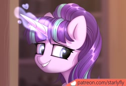 Size: 1171x801 | Tagged: safe, artist:starlyfly, artist:starlyflygallery, artist:starlyflynsfw, imported from derpibooru, starlight glimmer, pony, unicorn, advertisement, glowing horn, horn, lip bite, patreon, s5 starlight, solo