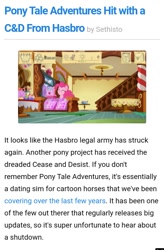 Size: 717x1092 | Tagged: safe, edit, edited screencap, imported from derpibooru, screencap, pinkie pie, equestria daily, cease and desist, comic, hasbro is trying to murder us, pony tale adventures, screencap comic, sethisto, text