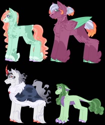 Size: 1079x1293 | Tagged: safe, artist:adoptimals-fim, imported from derpibooru, oc, oc only, dracony, dragon, earth pony, hybrid, pegasus, pony, unicorn, black background, chest fluff, cloak, clothes, feathered fetlocks, interspecies offspring, magical gay spawn, offspring, parent:big macintosh, parent:double diamond, parent:king sombra, parent:pistachio, parent:princess luna, parent:spike, parent:tree hugger, parent:zephyr breeze, parents:lunamac, parents:sombradiamond, parents:spikestachio, parents:zephyrhugger, simple background, tail feathers, unshorn fetlocks