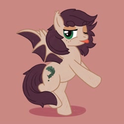 Size: 2000x2000 | Tagged: safe, artist:mediocremare, imported from derpibooru, oc, oc only, bat pony, pony, :p, bat pony oc, bat wings, bipedal, female, freckles, high res, mare, one eye closed, pink background, simple background, solo, tongue out, wings, wink