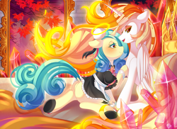 Size: 4696x3414 | Tagged: artist needed, source needed, safe, artist:alus, imported from derpibooru, daybreaker, oc, oc:seven sister, alicorn, pony, unicorn, canon x oc, clothes, duo, halo, maid