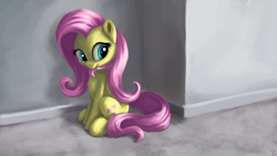 Size: 4000x2250 | Tagged: safe, artist:flusanix, imported from derpibooru, fluttershy, pegasus, pony, biting, cute, female, folded wings, hair bite, high res, indoors, mare, mouth hold, shyabetes, sitting, solo, wings