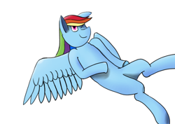 Size: 3508x2480 | Tagged: safe, artist:frilanka, derpibooru exclusive, imported from derpibooru, rainbow dash, semi-anthro, high res, lying down, on back, one eye closed, simple background, smiling, solo, white background, wings