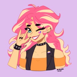 Size: 2048x2048 | Tagged: safe, artist:rapunzelights, artist:twiskielulamoon, imported from derpibooru, sunset shimmer, equestria girls, bust, choker, clothes, ear piercing, earring, eyelashes, female, grin, high res, jewelry, lipstick, nail polish, one eye closed, piercing, signature, simple background, smiling, solo, spiked choker, spiked wristband, tattoo, vest, wink, wristband