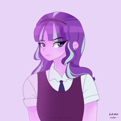 Size: 2048x2048 | Tagged: safe, artist:rapunzelights, artist:twiskielulamoon, imported from derpibooru, starlight glimmer, equestria girls, bust, clothes, crystal prep academy uniform, eyelashes, female, frown, high res, necktie, school uniform, signature, simple background, solo